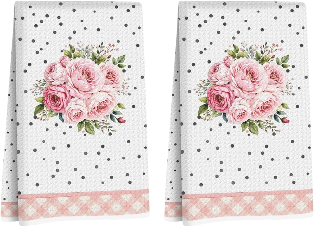 2Pcs Flower Kitchen Towels 24×14 Inch, Pink Floral Grid Reusable Microfiber Dish Towels, Waffle Weave Hand Tea Towel for Kitchen Home Bathroom Farmhouse Decor, Flowers Gifts for Women Friend