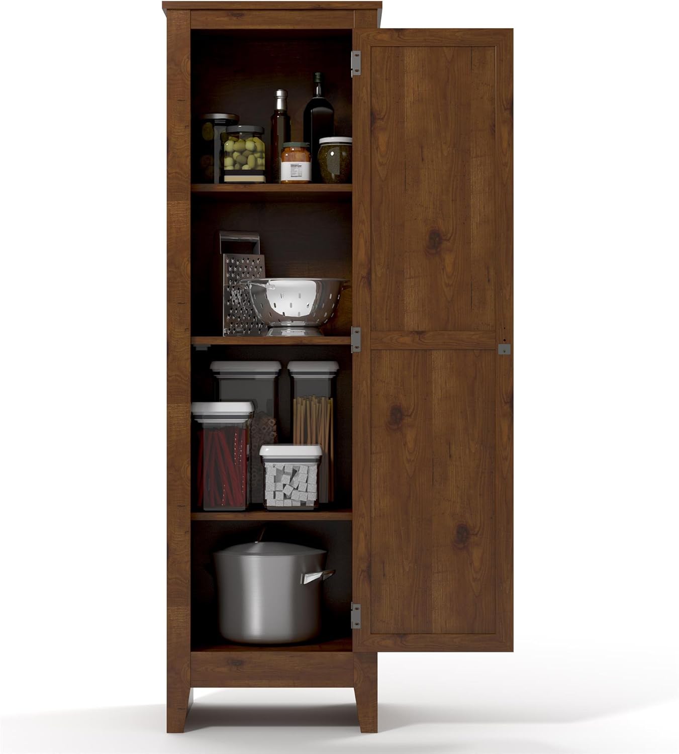 Ameriwood Home pantry cabinet with door open, showing shelves filled with kitchen items