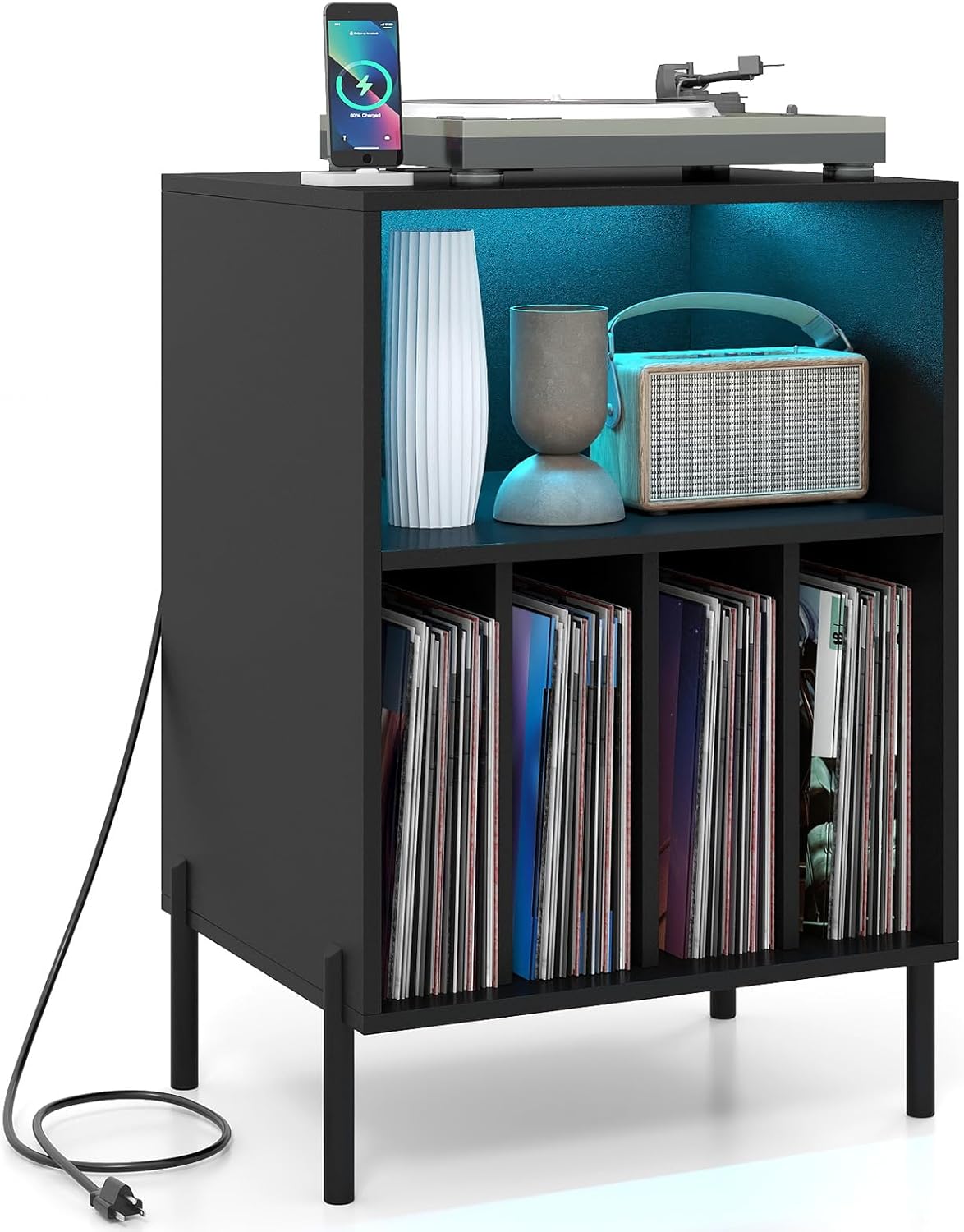 Giantex Record Player Stand with LED Lights & Charging Station, Turntable Stand with Record Holder, Record Player Table with Metal Legs, Vinyl Record Storage for Living Room, Music Room, Black