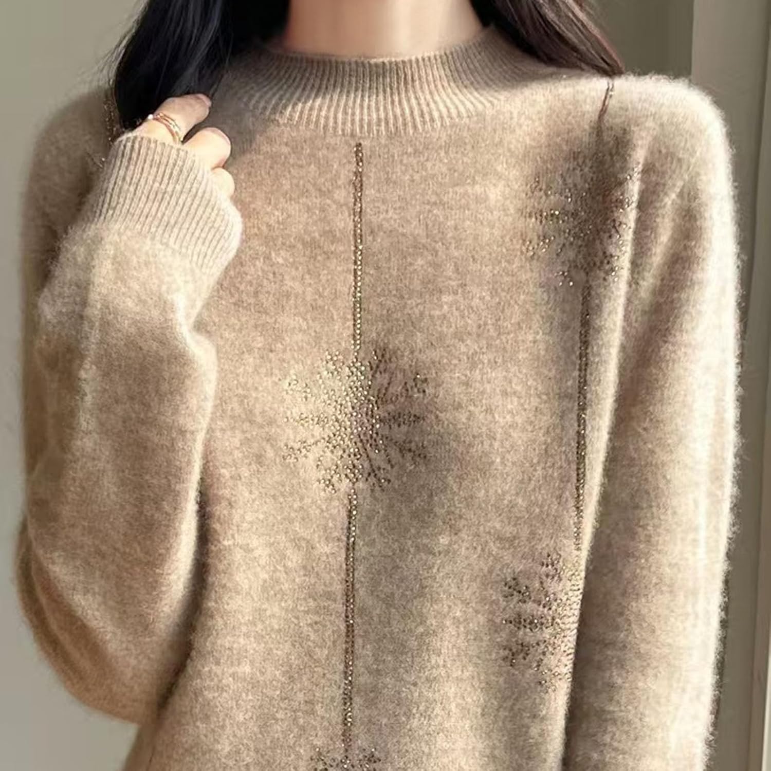 Mock Neck Sweater for Women Long Sleeve Dressy Casual Lightweight Basic Pullover Tops Snowflake Loose Fit Outfits