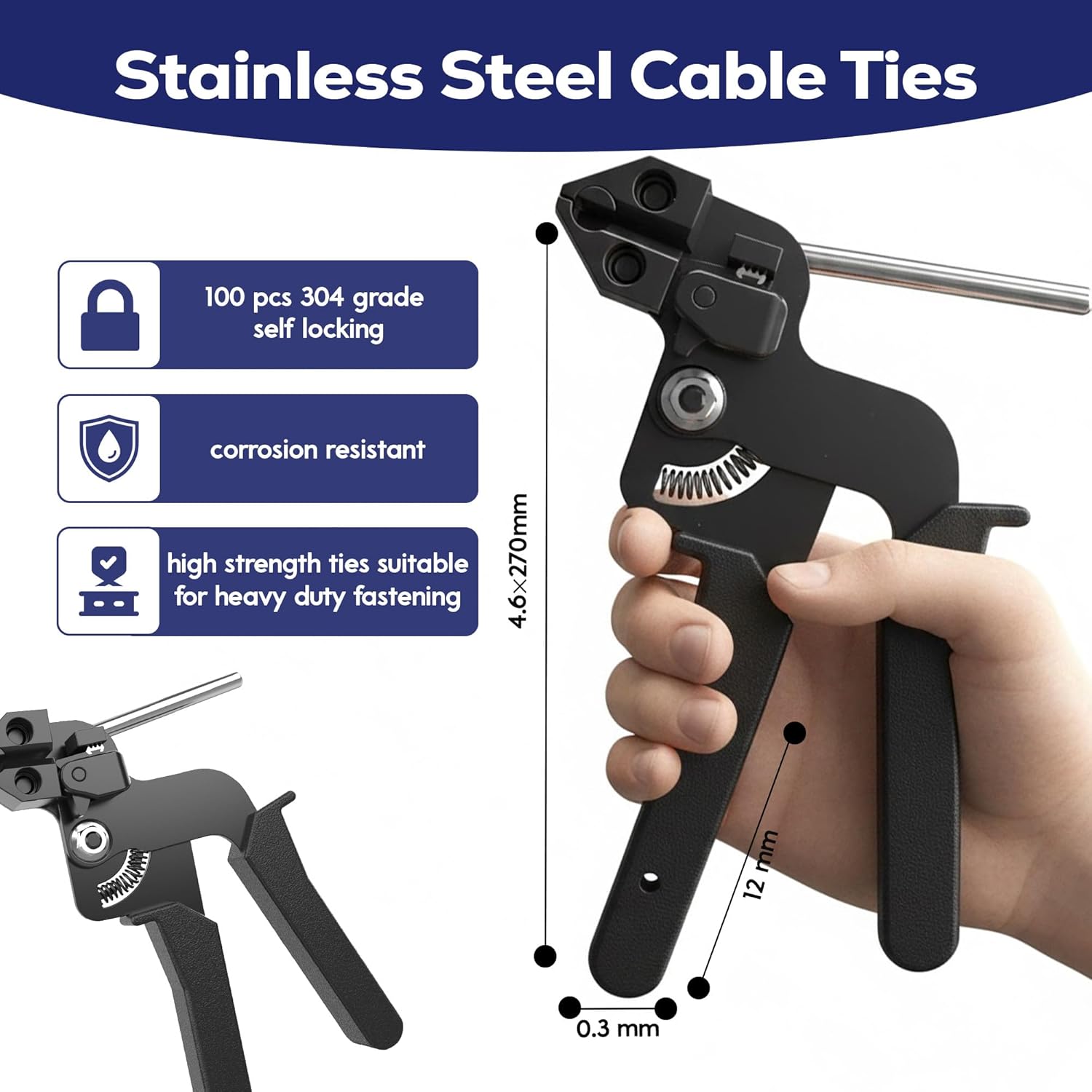 Metal Zip Ties 11.8 Inch 100 PCS | Self-Locking | 304 Epoxy-Coated Stainless Steel Zip Ties | Includes Gun, Scissor, Storage Bag, Tie Remover, Gloves and Manual | Brown Box Packaging | (Silver Kit)