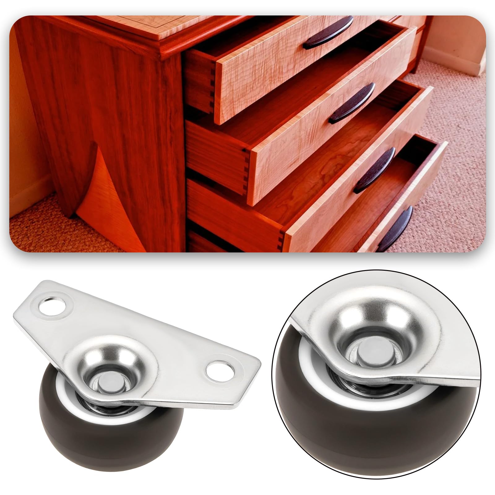 EMSea 8pcs 1.25 Inch Small Side Mount Caster Wheels Rigid Fixed Non Swivel Casters Rubber Wheel with Steel Plate Suitable for Wooden Furniture Drawers Trays DIY Project - Image 2