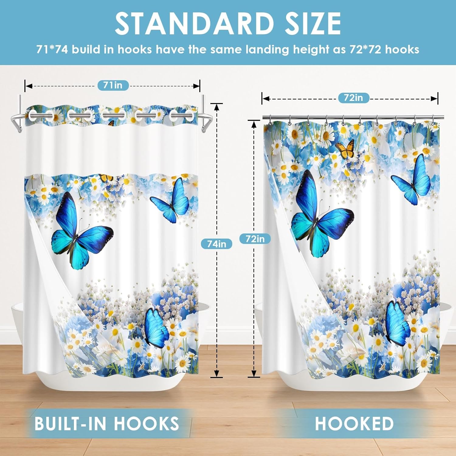 No Hook Flower Chrysanthemum Shower Curtain with Snap in Fabric Liner Set, Blue Butterfly Lavender Double Layers Waterproof Fabric with See Through Top Window Open Grommet Curtain 71x74 Inch