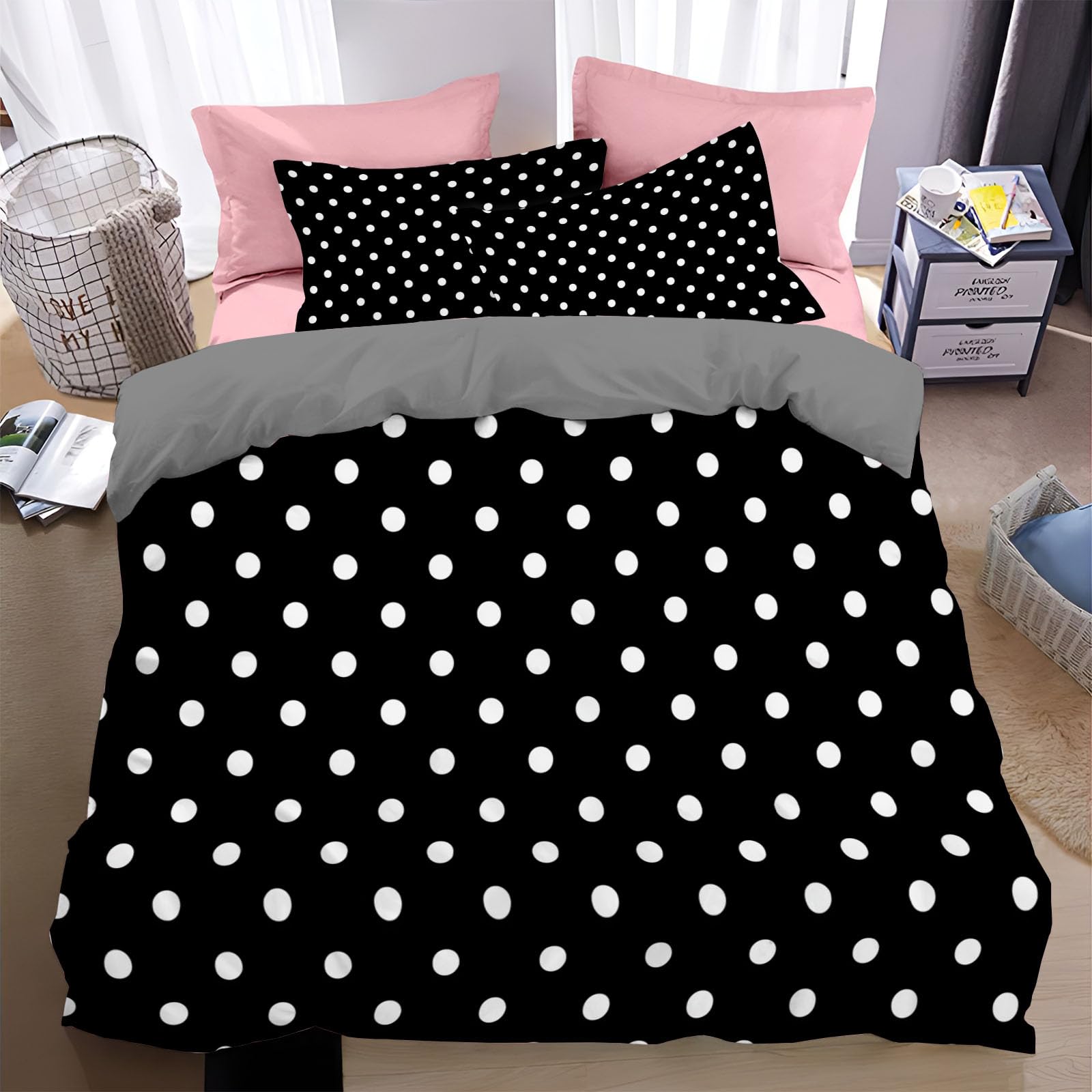 Housse de couette 200x200cm pois avec fermeture éclair et 2 taies d'oreiller