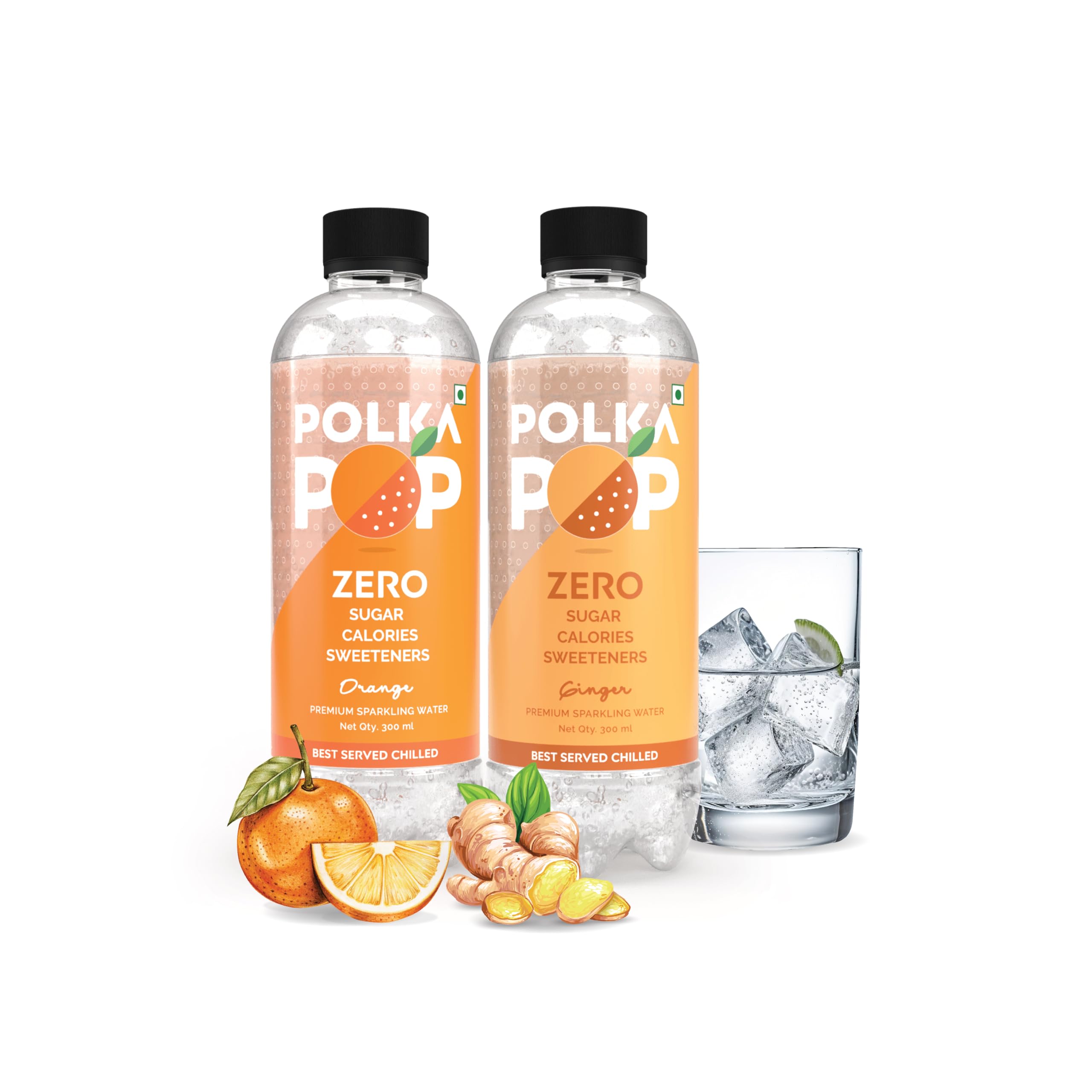 Flavoured Sparkling (Fizzy) Water | Orange & Ginger | Pack of 24 (300 ml Each) | 100% Natural Flavour | Zero Sugar & Zero Calories | No Aspartame or Stevia