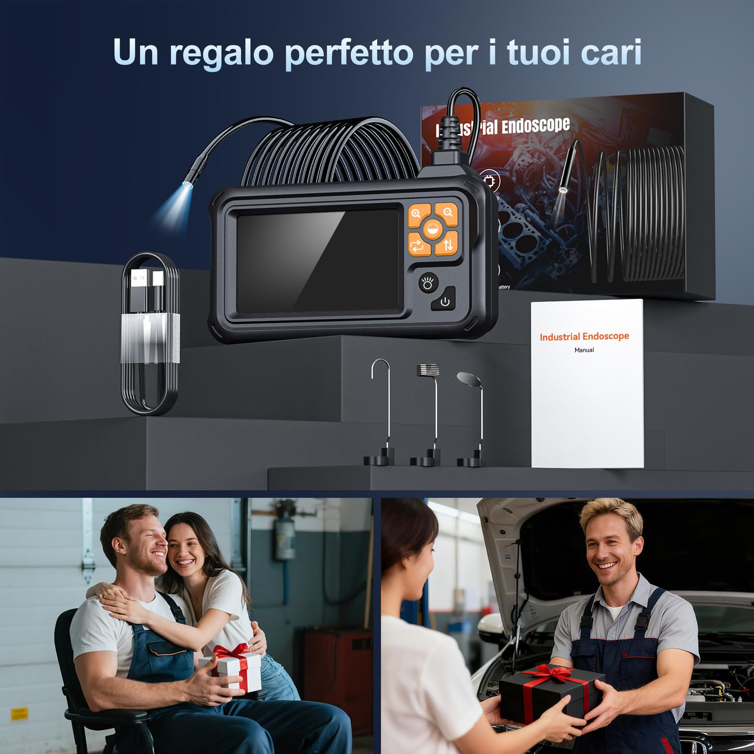 SKYBASIC Endoscopio Industriale, Telecamera di Ispezione HD 1080P con Schermo IPS da 4,3 Pollici, Telecamera Serpente IP67 Impermeabile con 8 LED, per Auto, Pareti e Scarichi ，Cavo Semirigido 5M