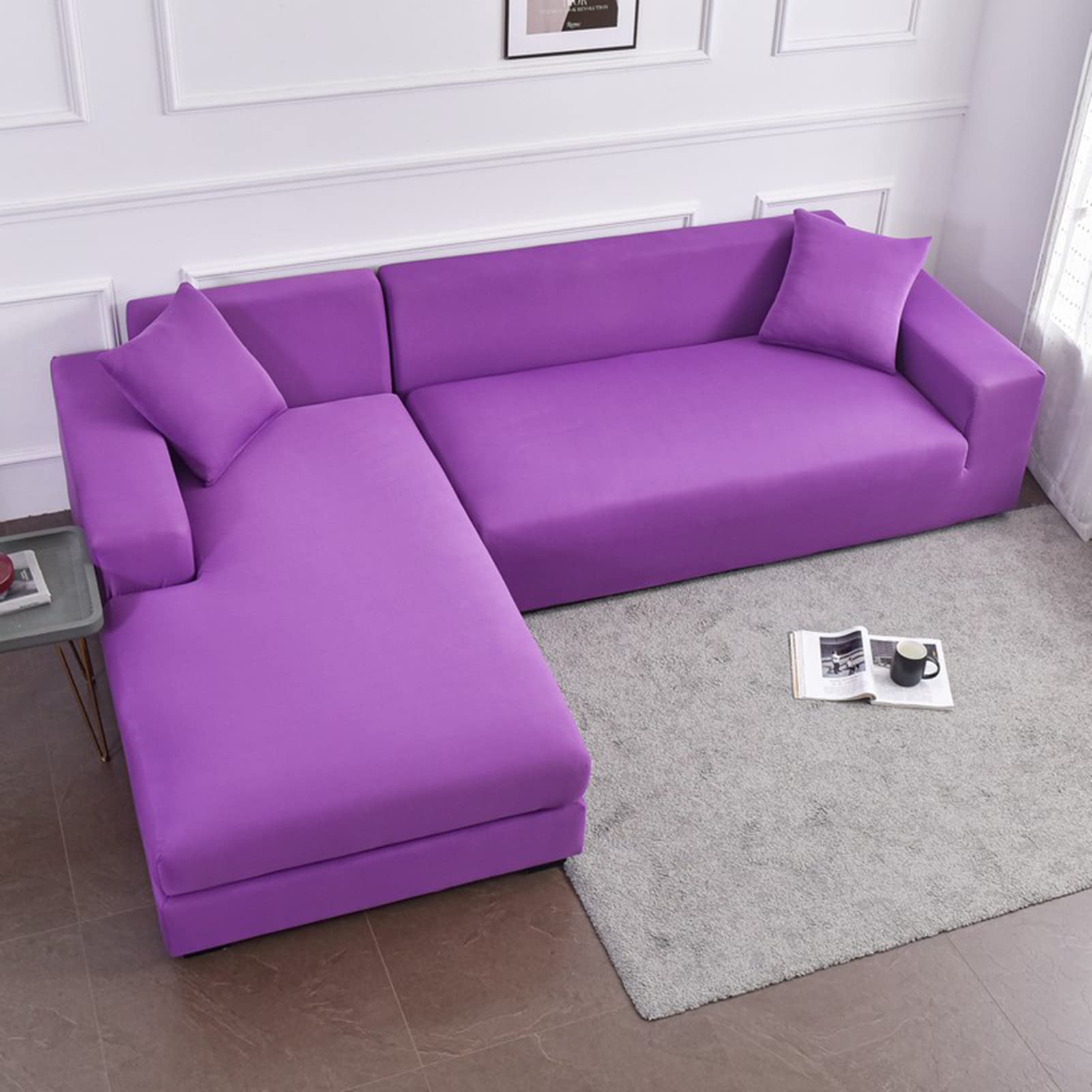 GUYIRT L Shape Sofa Covers, Premium Water Resistant Sectional Sofa Cover Super Stretch Stylish Sofa Slipcover for Living Room Pets Kids-Purple-3 Seater + 4 Seater