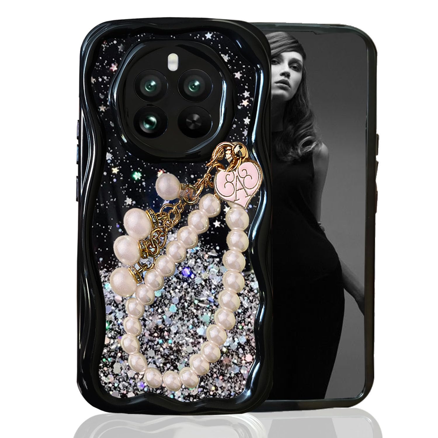 KC Back Cover for Realme 12 Pro 5G & Realme 12 Pro Plus 5G - 3D New Curly Wave Dry Fixed Non Moving Starry Glitter Pearl Wrist Hanging Chain Shockproof Soft Silicone Camera Protection Case (Black) (B0D39YVVB9) Amazon Price History, Amazon Price Tracker