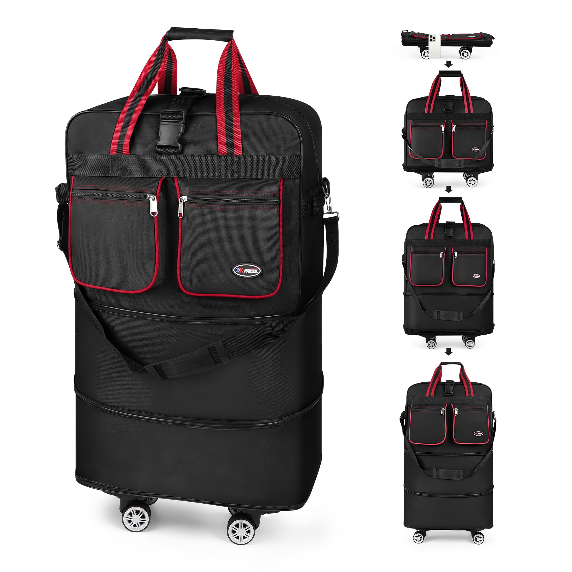 30''36''40''Rolling Duffle Bag with Wheels,Expandable Duffle Bag for Travel for Men Women,Foldable#30''Black-Red