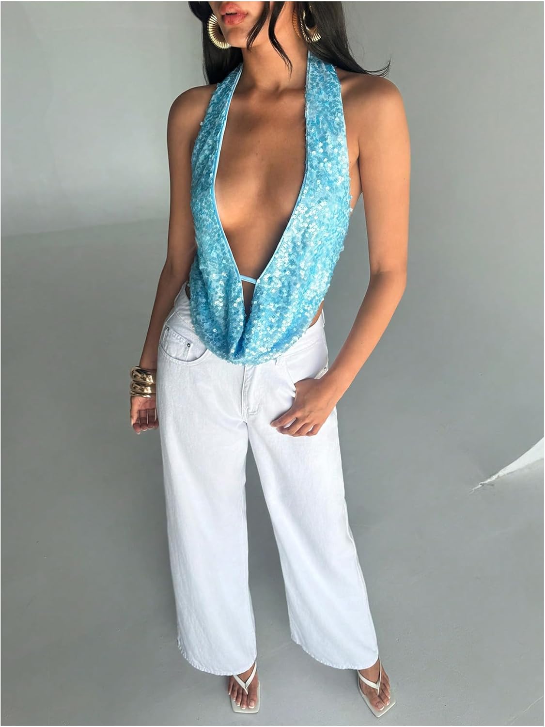 MakeMeChic Women's Sequin Open Back Halter Tops Sparkly Deep V Neck Draped Party Tank - Image 5