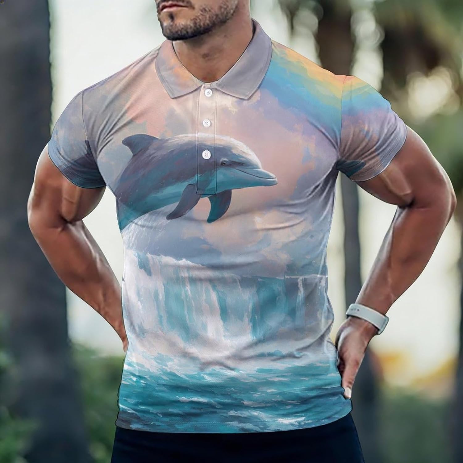 Dolphins Jumping Waterfall Rainbow Golf Polo Shirts for Men Casual T Shirts 5X-Large
