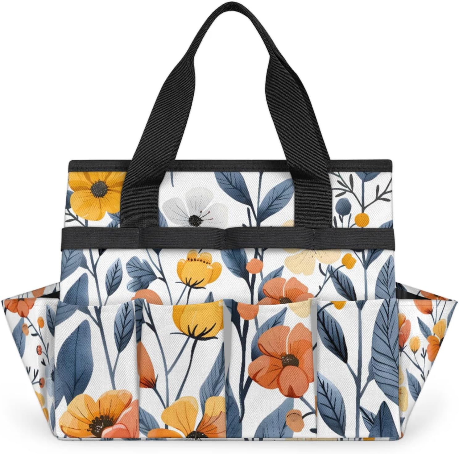 Flower Print Garden Tool Bag, Heavy Duty Garden Tote Bag Organizer with 10 Pockets Gardening Gift for Women and Men