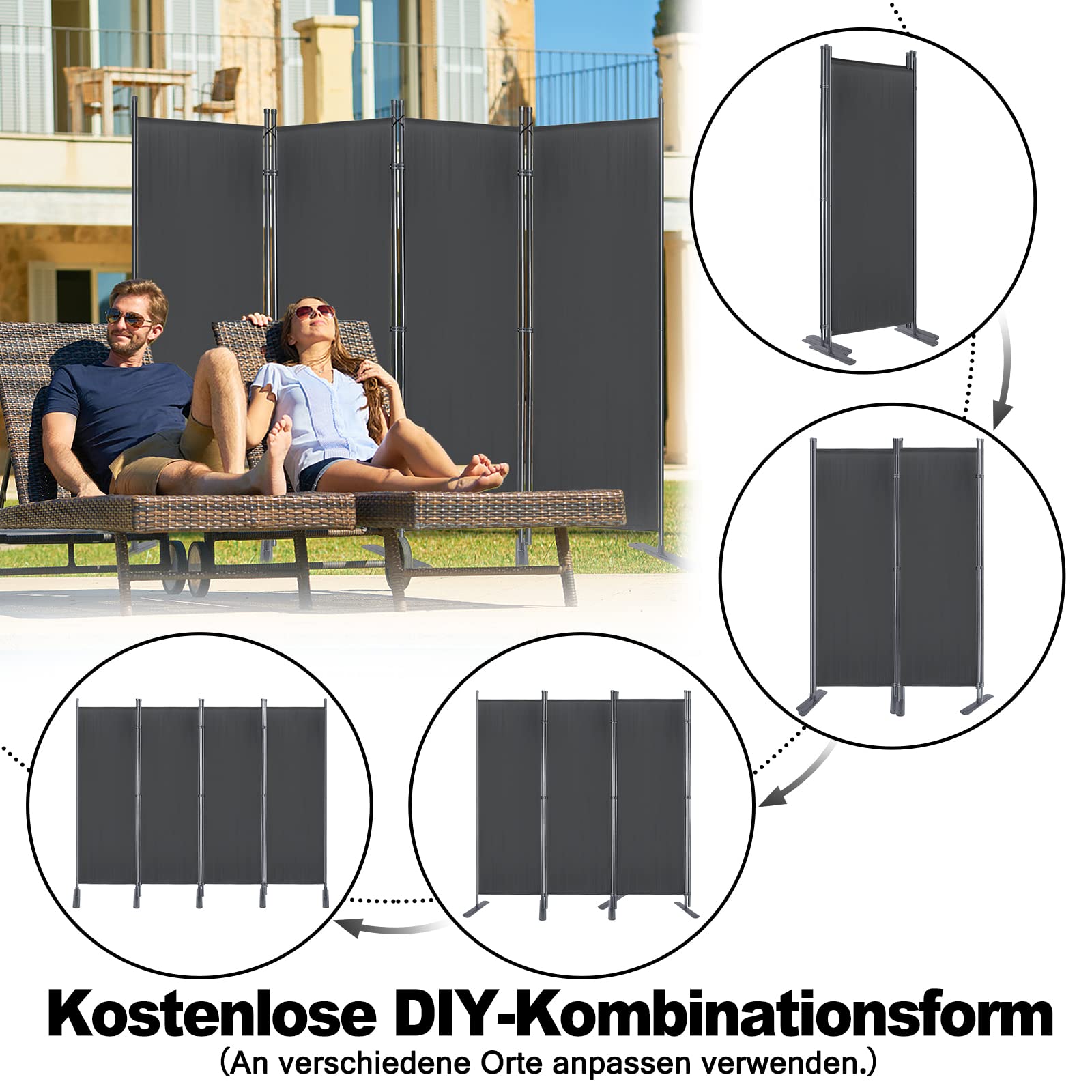 YRHome Parawan, 4-częściowy, elastyczna ścianka działowa, ochrona przed wzrokiem, ścianka działowa, 225 x 180 cm, ścianka działowa, ochrona przed wzrokiem z opaskami kablowymi i gwoździami, do sypialni, salonu, biura (antracytowy)