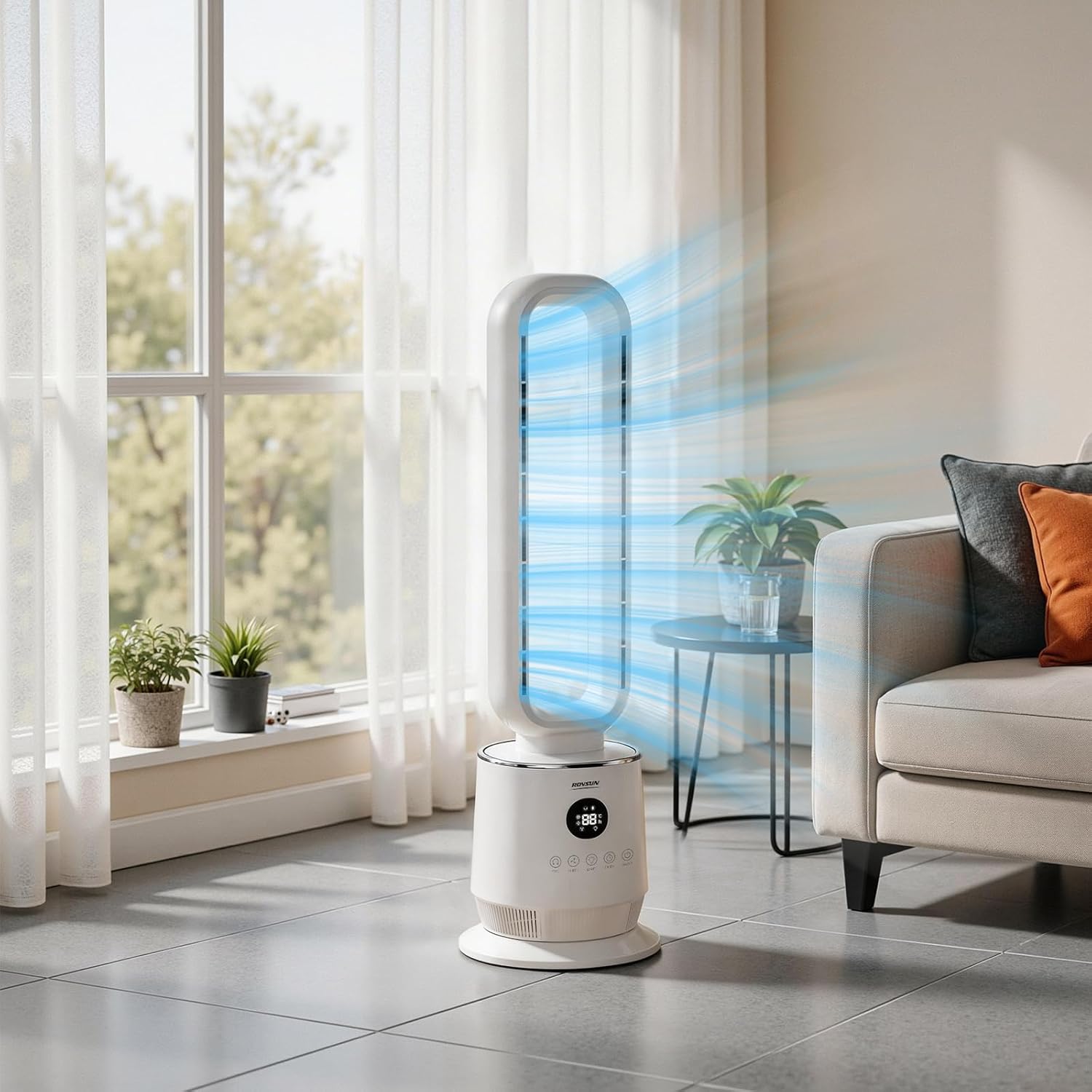 ROVSUN Smart Bladeless Fan, 32" Bladeless Tower Fan for Bedroom, Quiet Oscillating Tower Fan with Remote, Portable Cooling Fan with 12H Timer, 3 Speeds, 3 Modes, Ideal for Home, Bedroom, Office