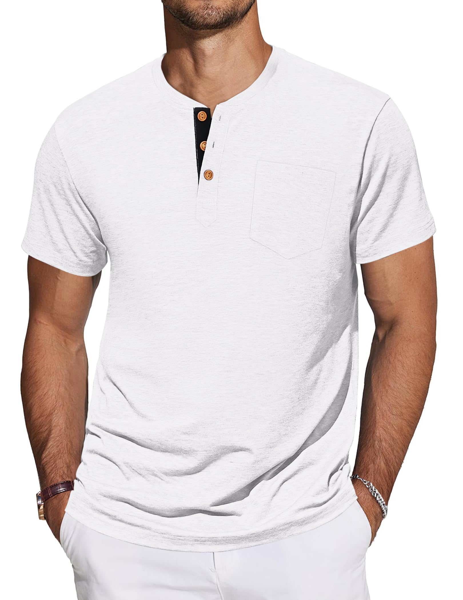 TARAINYA Henley T-Shirts Herren Baumwolle Shirt Kurzarm Einfarbig Basic Tee Männer Sommer mit Tasche M-4XL