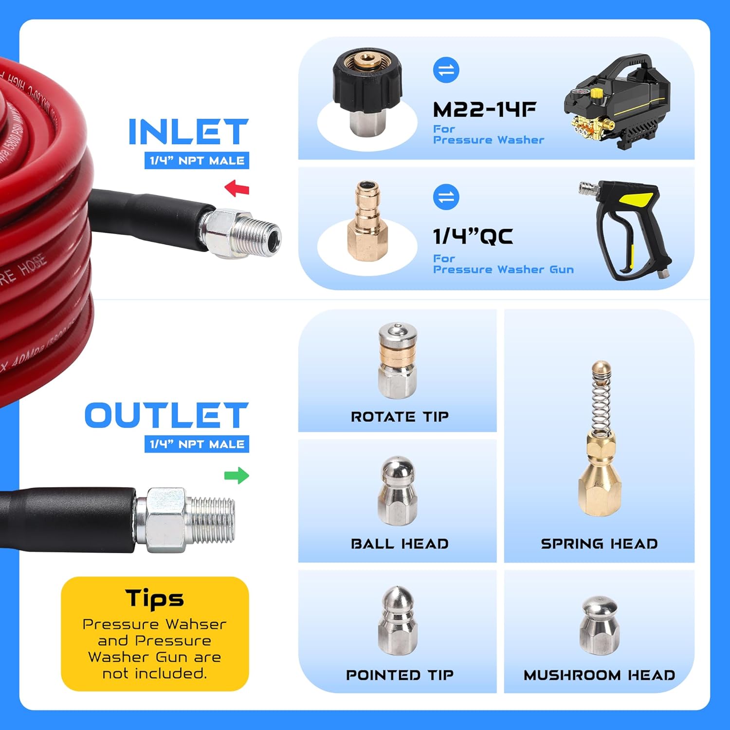 Sewer Jetter Kit for Pressure Washer, 100FT 5800 PSI Drain Cleaner Hose with 1/4" NPT Corner, Rotating and Button Hose Sewer Jetting Nozzle, Waterproof Tape, Pearl Corsage Pin, Spanner, Glove