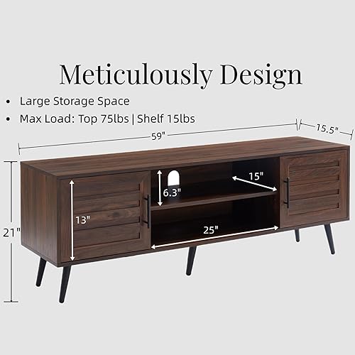 Miniatura 2 de JYED DECOR Soporte de TV de madera de mediados de siglo con estantería abierta y 2 gabinetes para televisores de hasta 65 pulgadas (nogal oscuro)