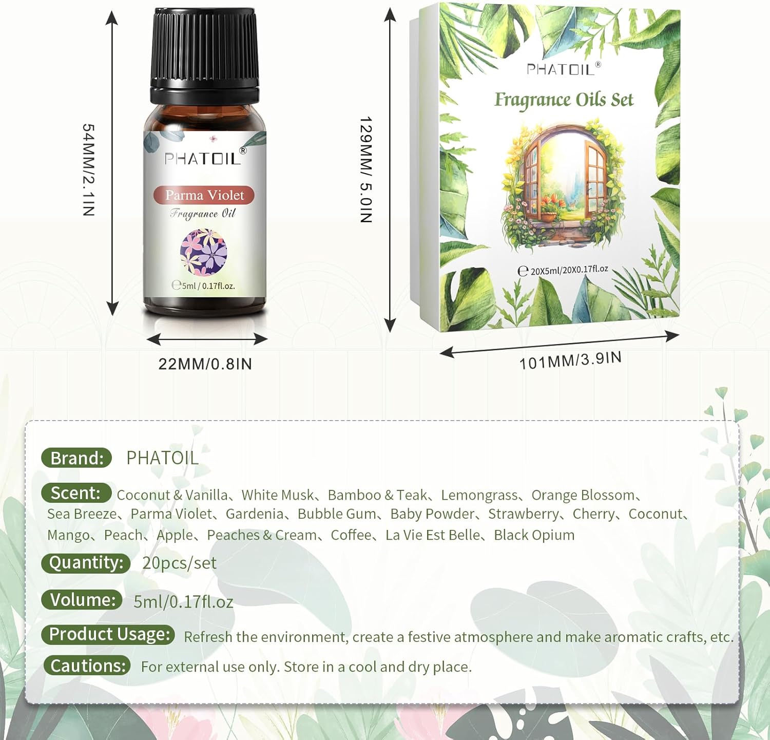 PHATOIL 3.38FL.OZ Vanilla Essential Oils and 20PCS Fragrance Oils Set for Humidifier, DIY Candle Soap Making