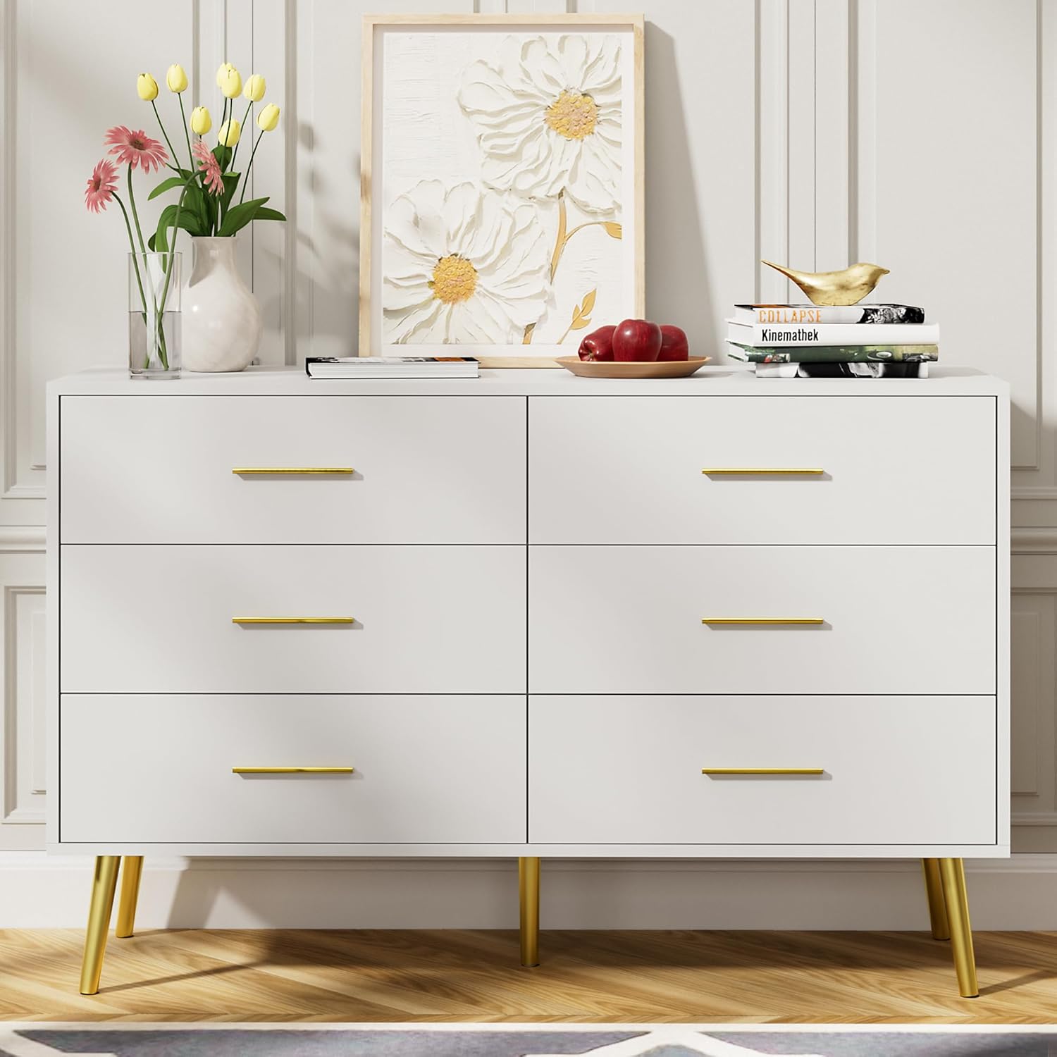 LYNSOM White 6 Drawer Dresser for Bedroom with Gold Handles, Modern Chest of Drawers, Wooden Dressers Organizer for TV Stand,Living Room, Hallway, Entryway