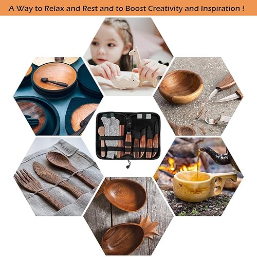 Miniatura 14 de Juego de herramientas de tallado de madera, kit de cuchillos para tallar detalles y gancho para principiantes, cuchillo de corte para cuchara, taza