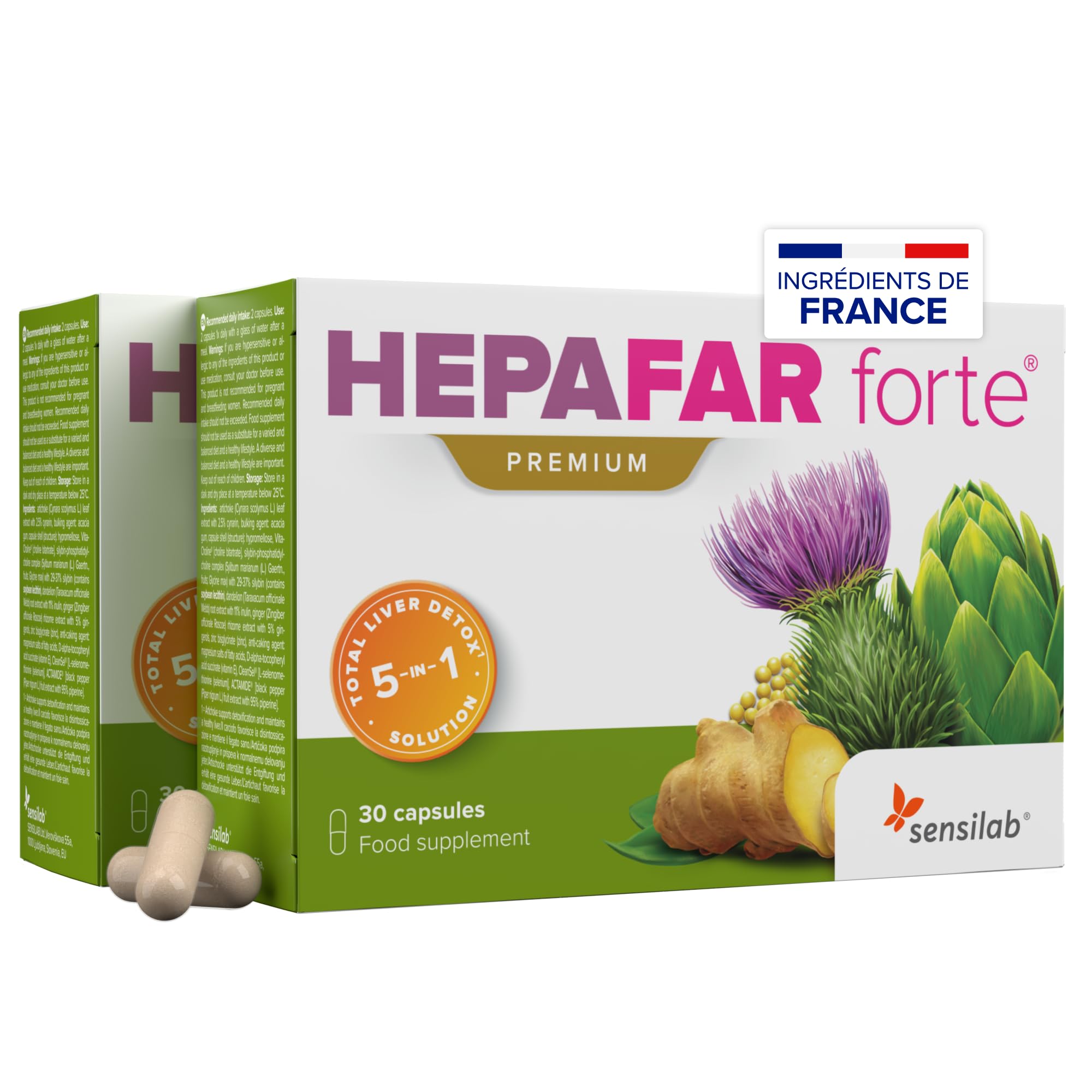 Hepafar Forte Premium Detox, Chardon-Marie, Artichaut, Complexe de Pissenlit, 60 gélules, Vitamine E, Phospholipides, Sensilab