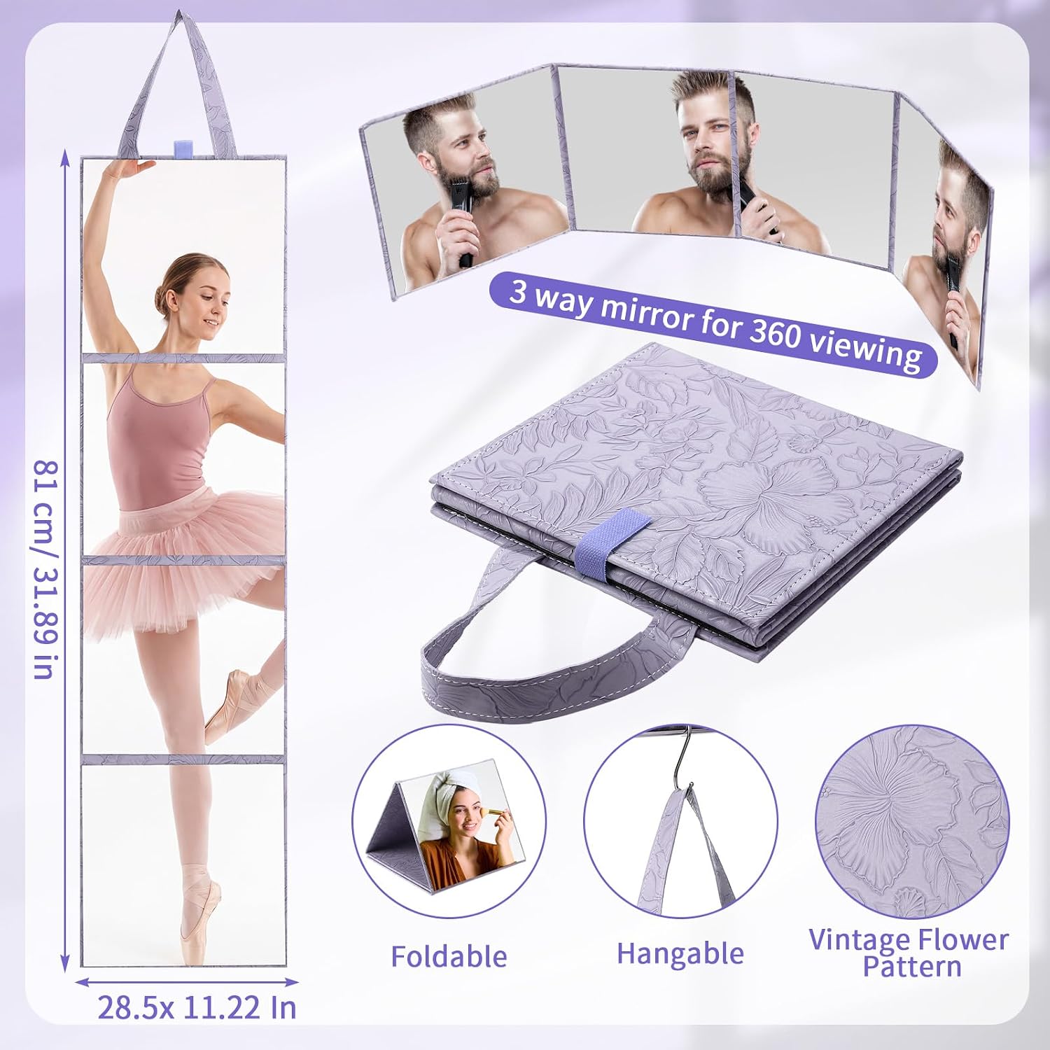 3 Way Foldable Full Length Mirror with Handle 31.89 x 11.22 Inches Leather Portable Camping Travel Hanging Folding Body Mirror for Makeup Dance Fitness Spa Hair Styling(Morandi Purple,Retro) image 3