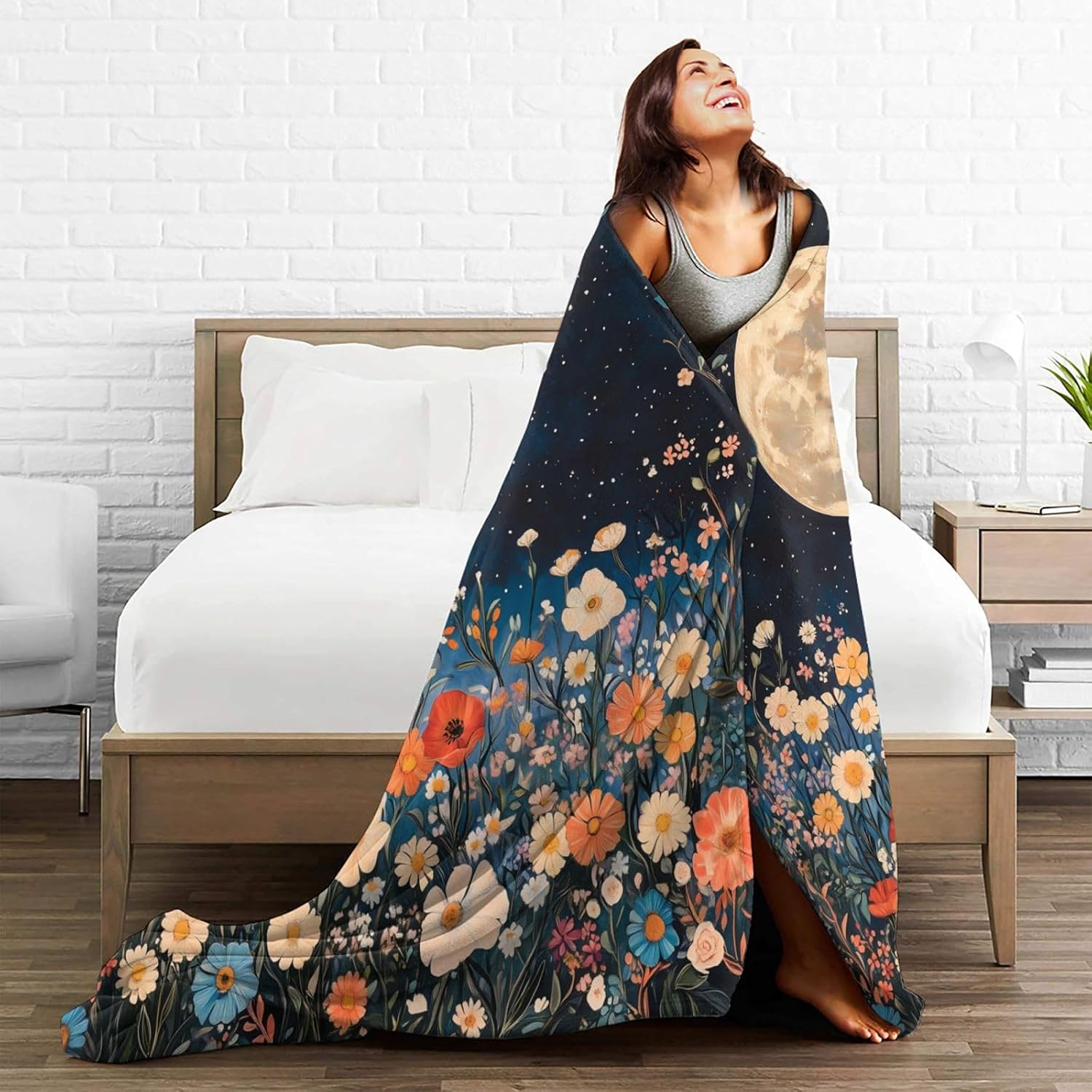 Moon Flower Print Blanket Gifts for Adults Kids Women, Flannel Moonlit Garden Throw Blankets for Bed Living Room Sofa Couch Traveling Camping, Soft Warm Lightweight Plush Moon Decor 50x40in