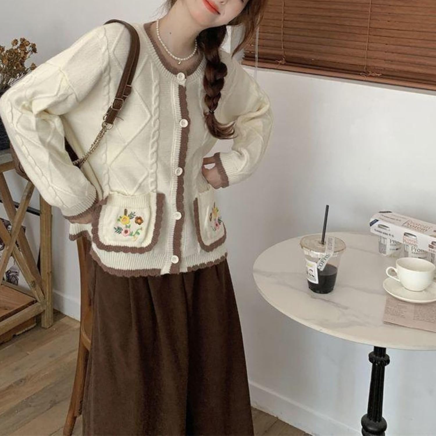 Chevara Women’s Floral Embroidered Knit Cardigan Crew Neck Long Sleeve Trendy Sweater Cardigan with Pocket - Image 5