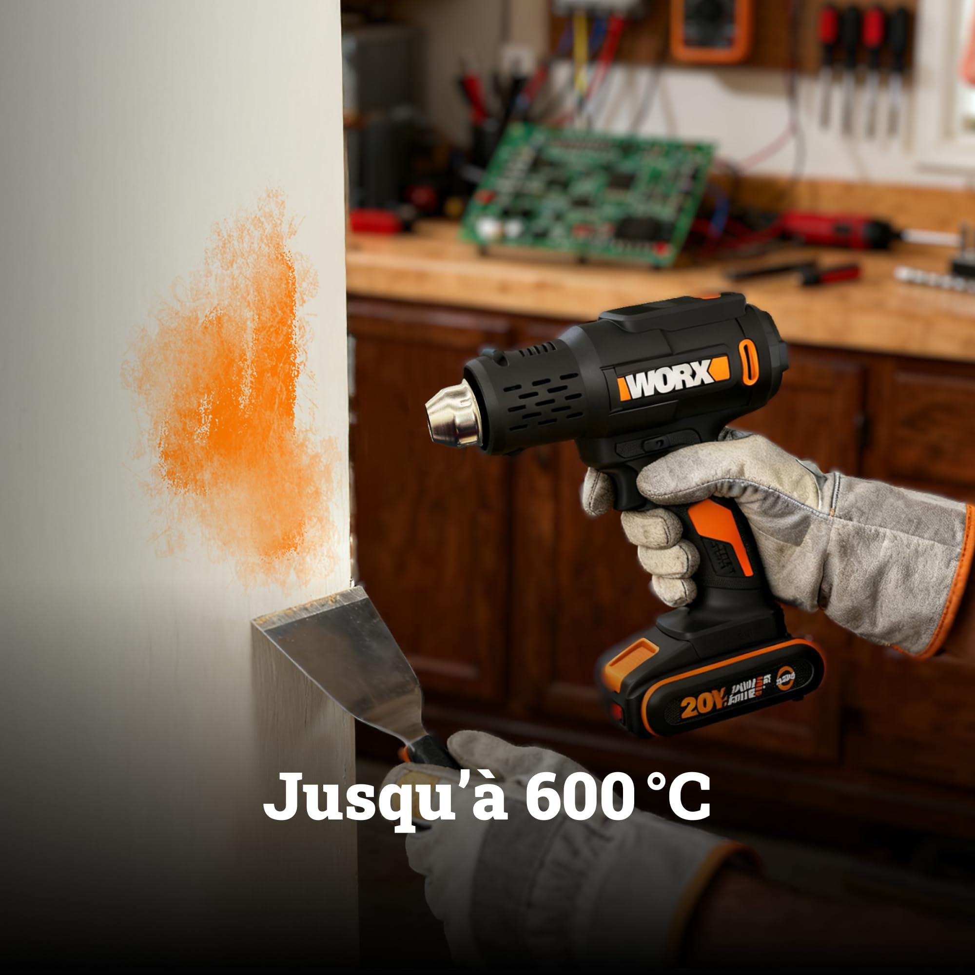WORX Décapeur thermique sans fil 20V WX015, température réglable de 20 °C à 600 °C, chauffe rapidement, compact et ergonomique, polyvalent, livré avec batterie, chargeur et 3 buses