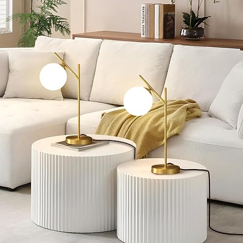 Miniatura 8 de Juego de 2 lámparas de mesa con forma de globo, lámpara de escritorio de globo de vidrio de latón con pantalla de vidrio blanco lechoso, lámpara de