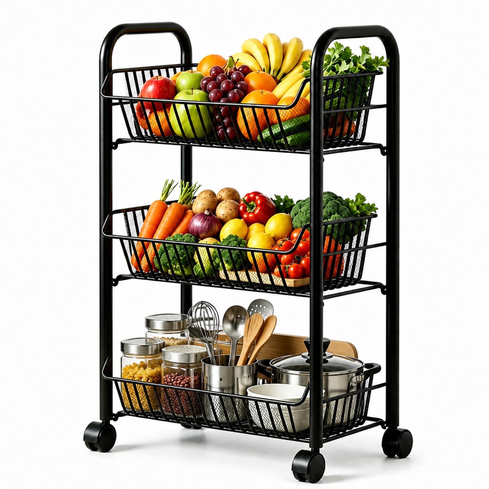 3 Tier Storage Trolley on Wheels, Metal Rolling Kitchen Cart with Handle