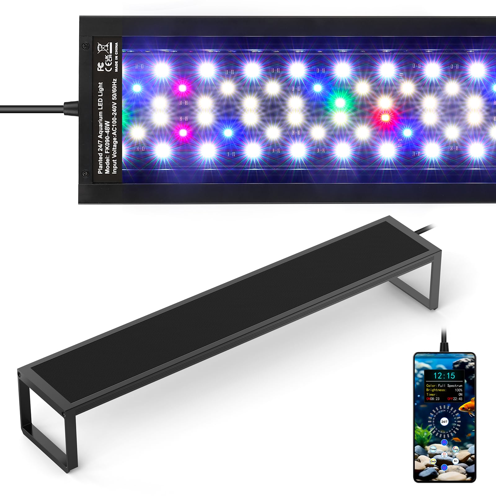 Fishnanny 6-Rows WRGB Led Aquarium Light, 24/7 Mode Fish Tank Light with One-Touch Calibrate Time, Full Spectrum Led Grow Lights with Precise DIY to 1-Min Timer & 1%-Brt & 9-Color, mit Memory Function