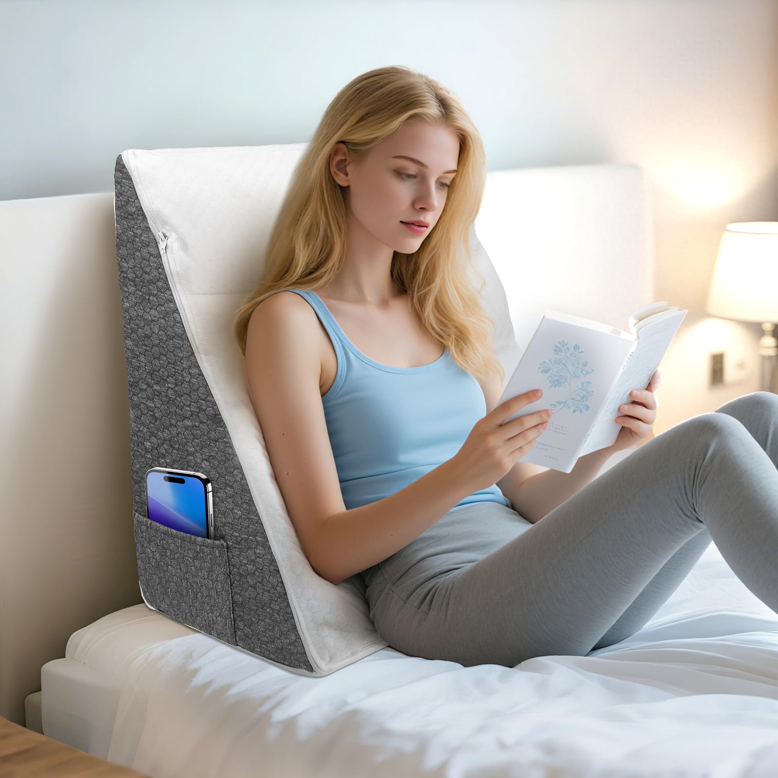 Cuscino a Cuneo per Letto, Cuscino Antireflusso, Cuscino Triangolare Memory Foam, Cuneo Ergonomico per Letto per Apnea Notturna da Reflusso, Cuscino da Lettura per la Schiena, 55 x 55 x 25 cm