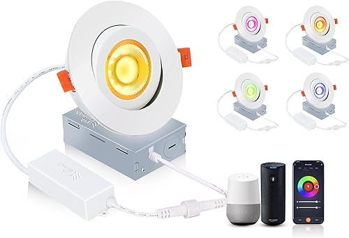 CLOUDY BAY Luz empotrable LED inteligente de 4 pulgadas, iluminación empotrada que cambia de color, compatible con Alexa y Google Home Assistant,