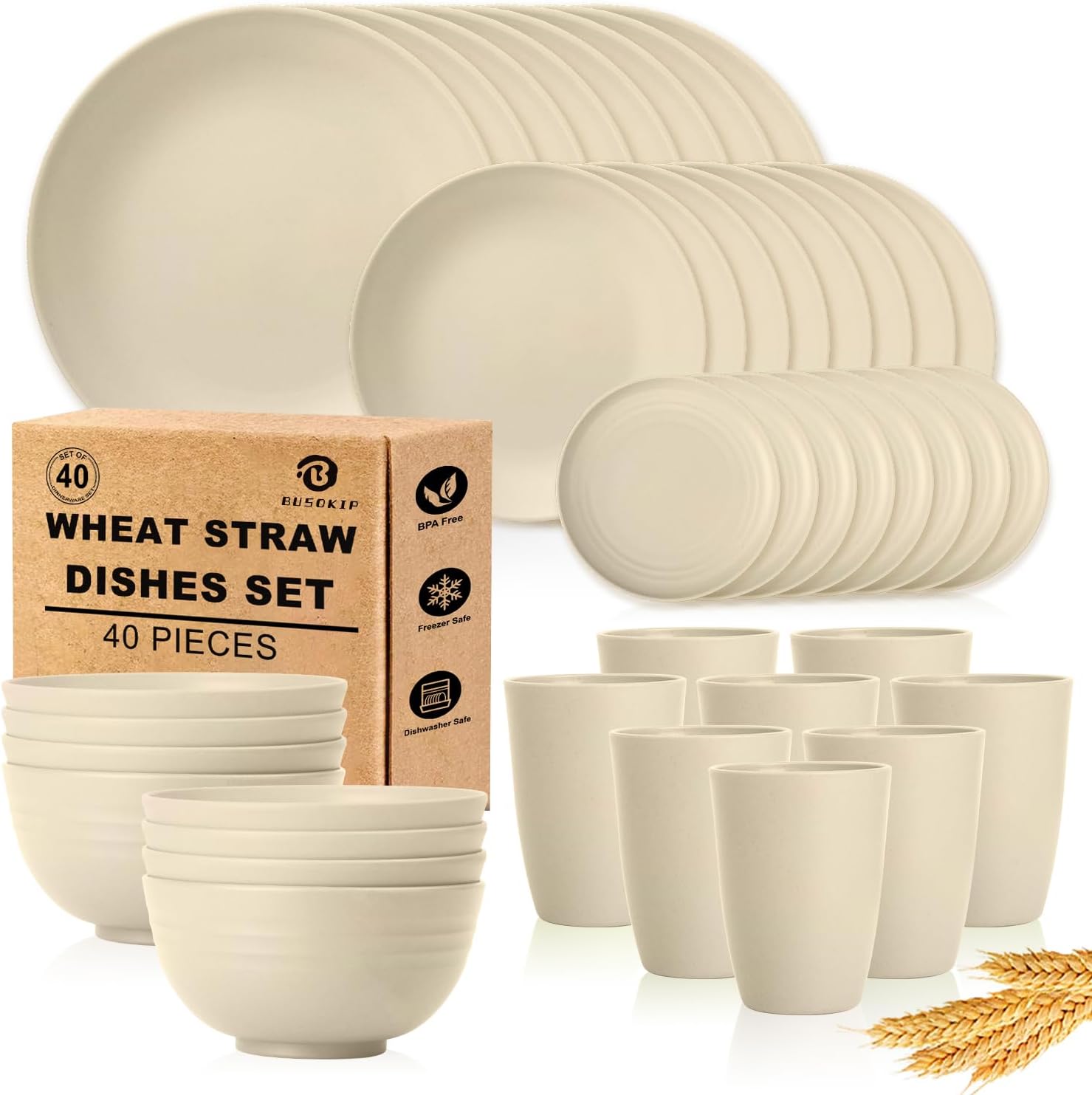 40 PCS Wheat Straw Dishes Sets | Reusable Dinnerware Set for 8 – Dinner Plates, Cereal Bowls, Drinking Glasses Unbreakable Plastic Plates and Bowls Sets Microwave Safe for Kitchen – Beige