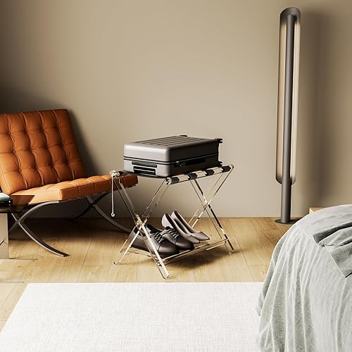 Miniatura 8 de Sumerflos Portaequipajes de acrílico para habitación de invitados, soporte plegable transparente de lujo con estante de almacenamiento acrílico y