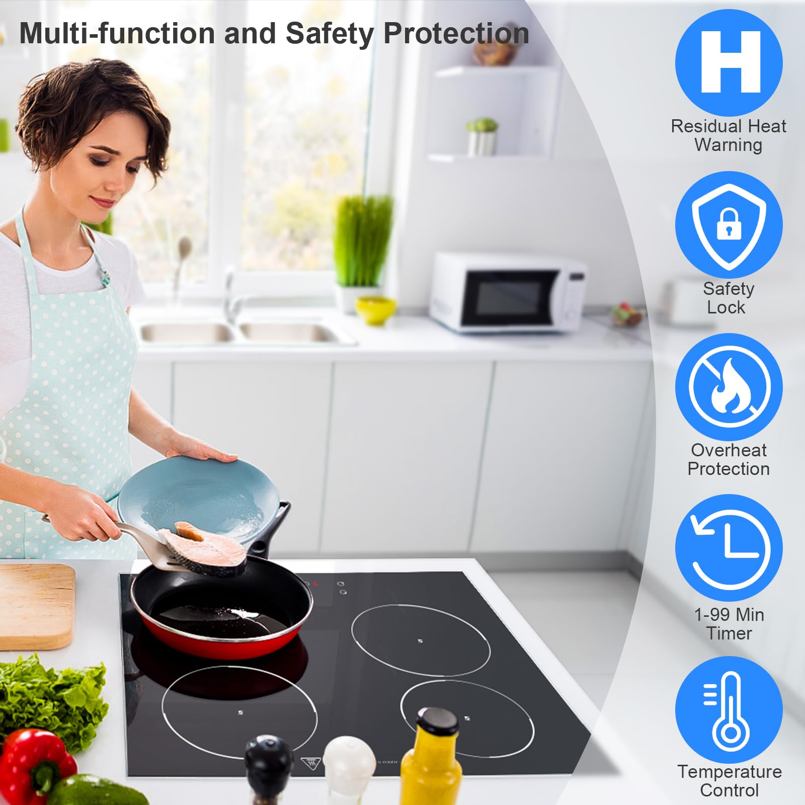 Ceramic Hob 4 Burners 60cm, Built-in 4 Zone Electric Ceramic Hob, 6000W, Touch Control, 9 Power Levels, 1-99 Min Timer, Child Safe Lock, Heat Indicator, for all pots and pans - 5