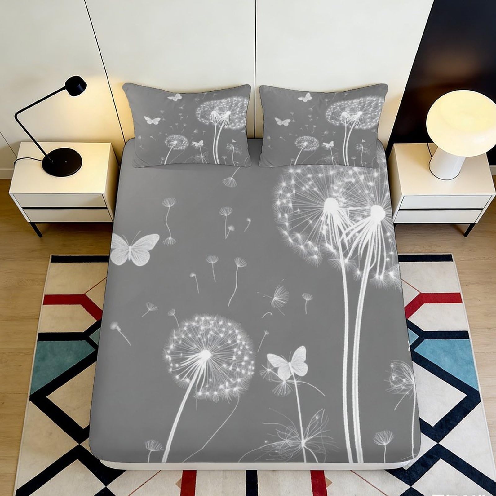 Pnayamiorkfel Style-6 3D Printed Dandelion Butterfly Fitted Sheet Microfiber Soft Grey Mattress Cover For Bedroom Guestroom Decor 90X200x25cm