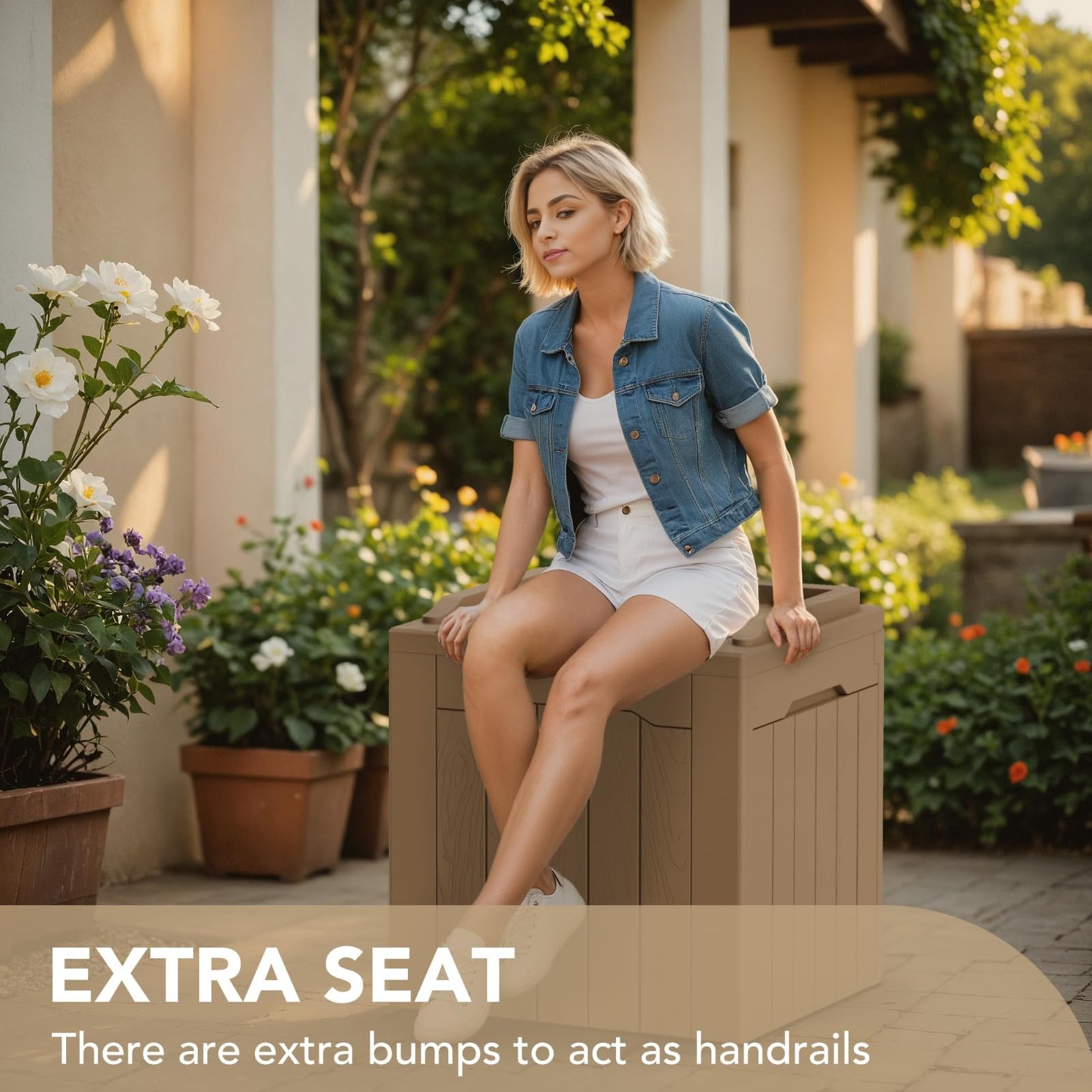 DUY Scatola portaoggetti da esterno con coperchio, in plastica, resistente alle intemperie, con venature del legno, organizer per patio, giardino, balcone (marrone chiaro, 56 x 41 x 54 cm)