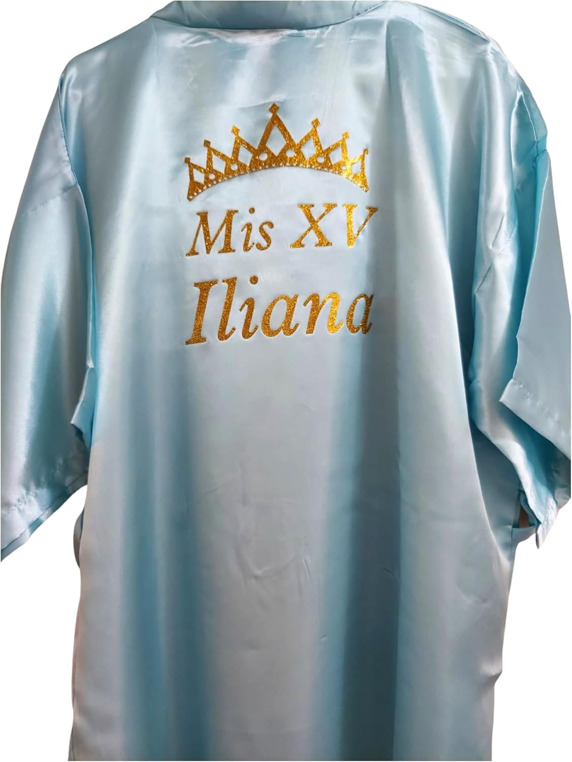 Bata de seda para Quinceañera, personalizado con nombre y diseño de purpurina con símbolo de tiara.