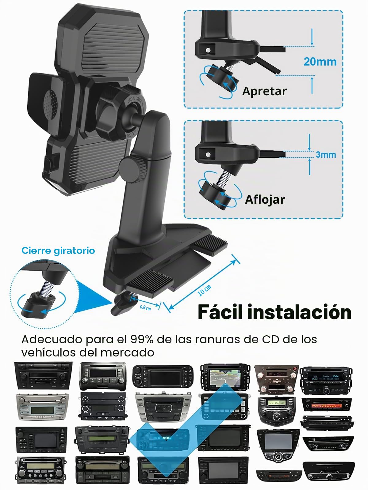 Soporte Móvil Coche CD Ranura, Soporte Teléfono Coche Reproductor de CD | con Brazo Extensible y Rotación de 360° para iPhone 17 Pro Max Plus, Samsung, Todos los Móvils de 4-7"