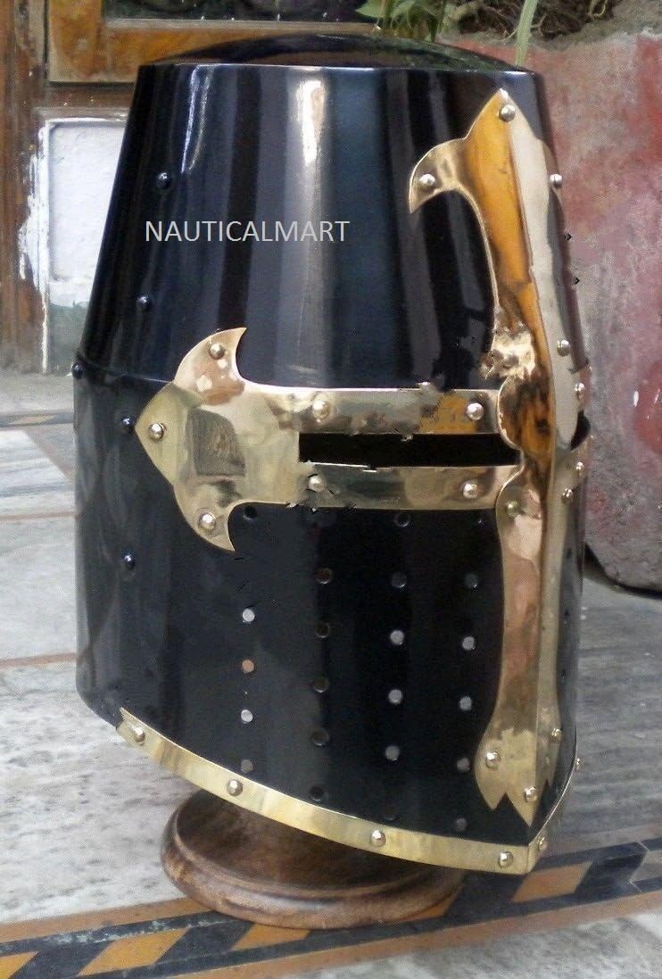 NauticalMart Black Knight Crusader Helmet Medieval Templar Armor Costume Helmet Black Finish Sugarloaf Brass Design Templar Helmet Great Greek Roman Spartan Helm Wearable For Medieval Costumes