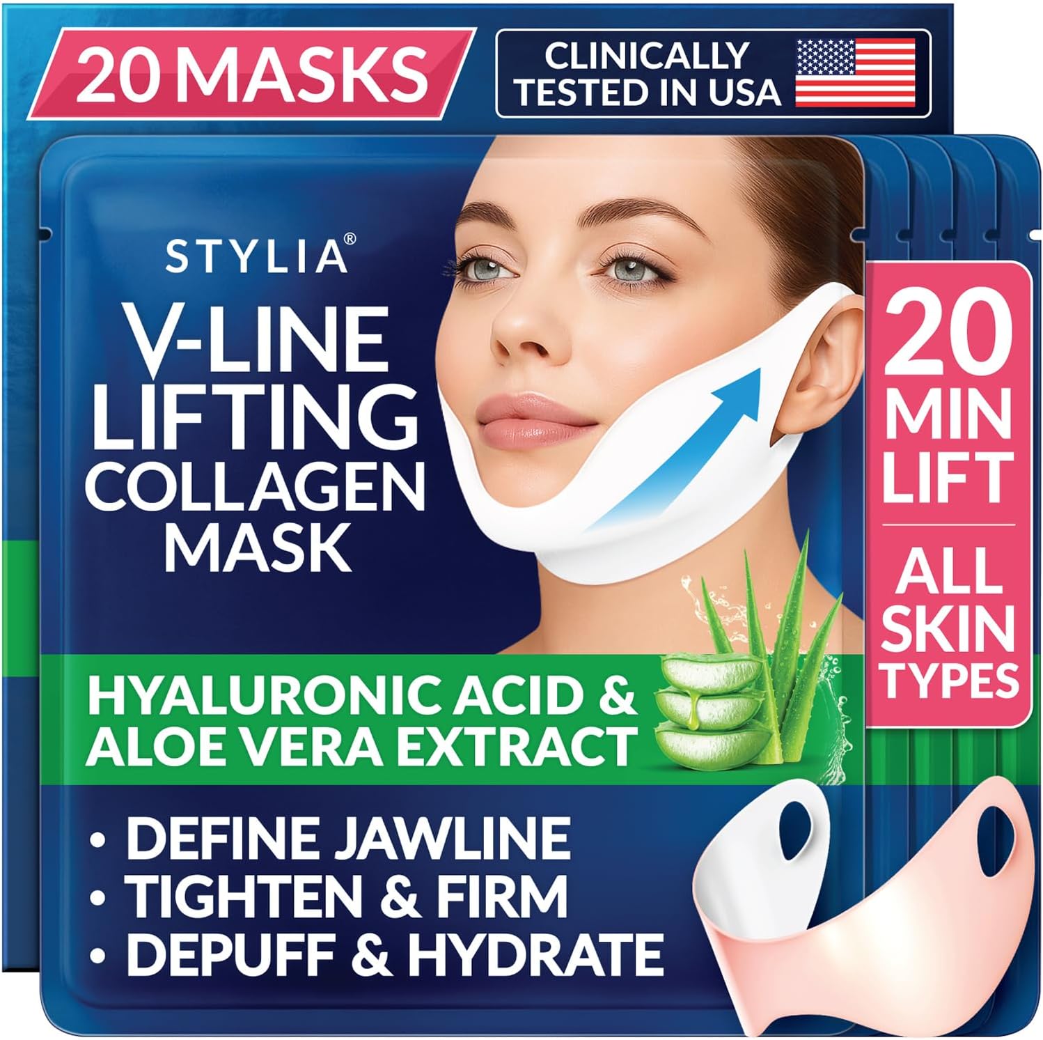STYLIA V Line Lifting Collagen Face Mask - Lift, Firm & Contour Jawline - Double Chin Strap with Hyaluronic Acid & Aloe Vera - Hydrating Neck & Face Tightening Mask - Chin Strap for Sleeping - 20PC