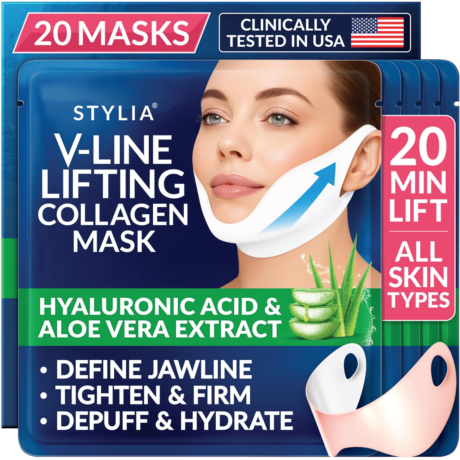 STYLIA V Line Lifting Collagen Face Mask - Lift, Firm & Contour Jawline - Double Chin Strap with Hyaluronic Acid & Aloe Vera - Hydrating Neck & Face Tightening Mask - Chin Strap for Sleeping - 20PC