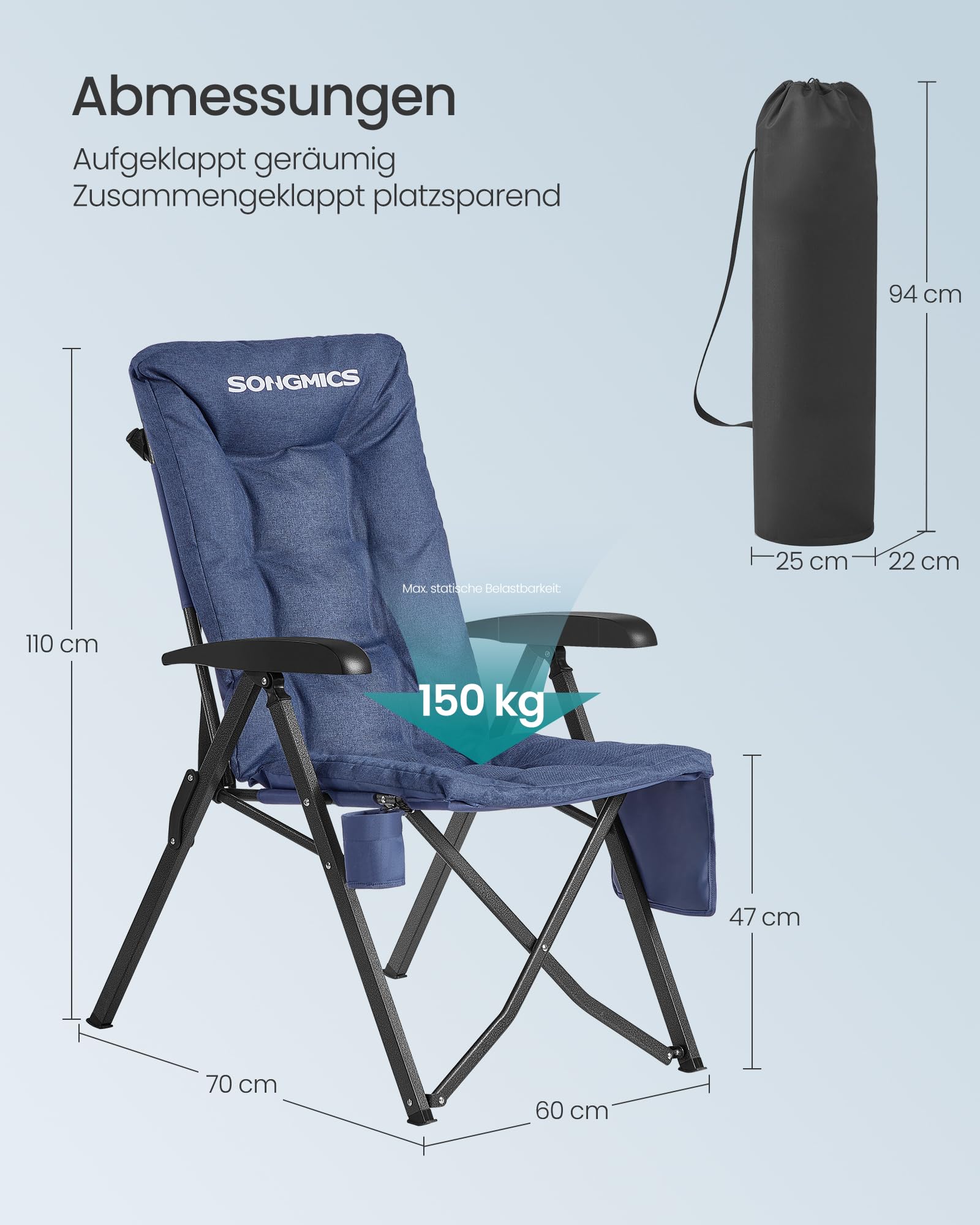 SONGMICS Campingstuhl faltbar, für Erwachsene, 95°-150° verstellbare Rückenlehne, Klappstuhl 6 cm Polsterung, Getränkehalter, Seitentasche, Tragetasche, Garten Camping Angeln, blau GCB016QZ01