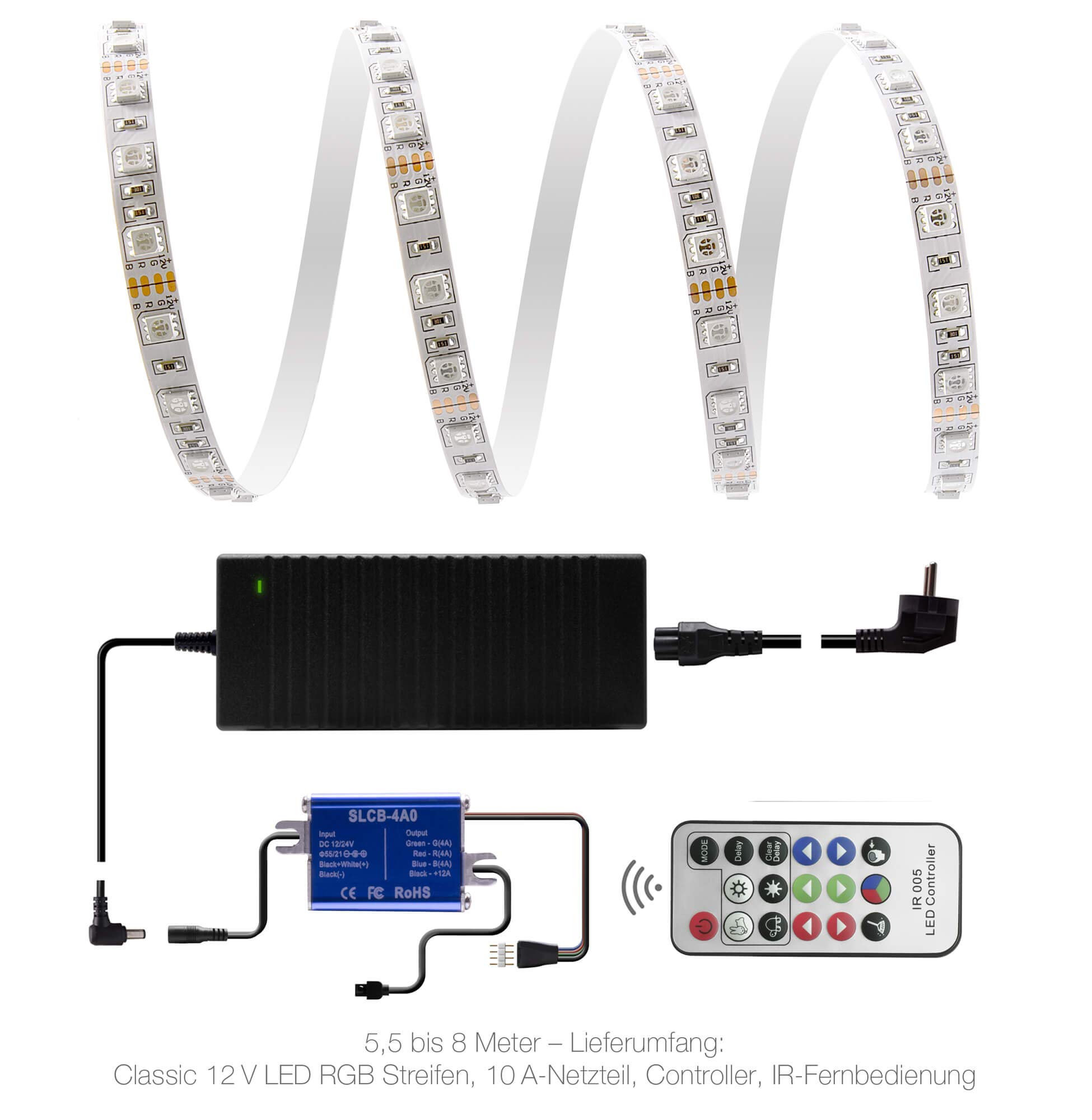 5,5 meter RGB LED Strip Set (60 LED/m, IP20), con controller, telecomando a 17 tasti e 10 a alimentazione adattatore