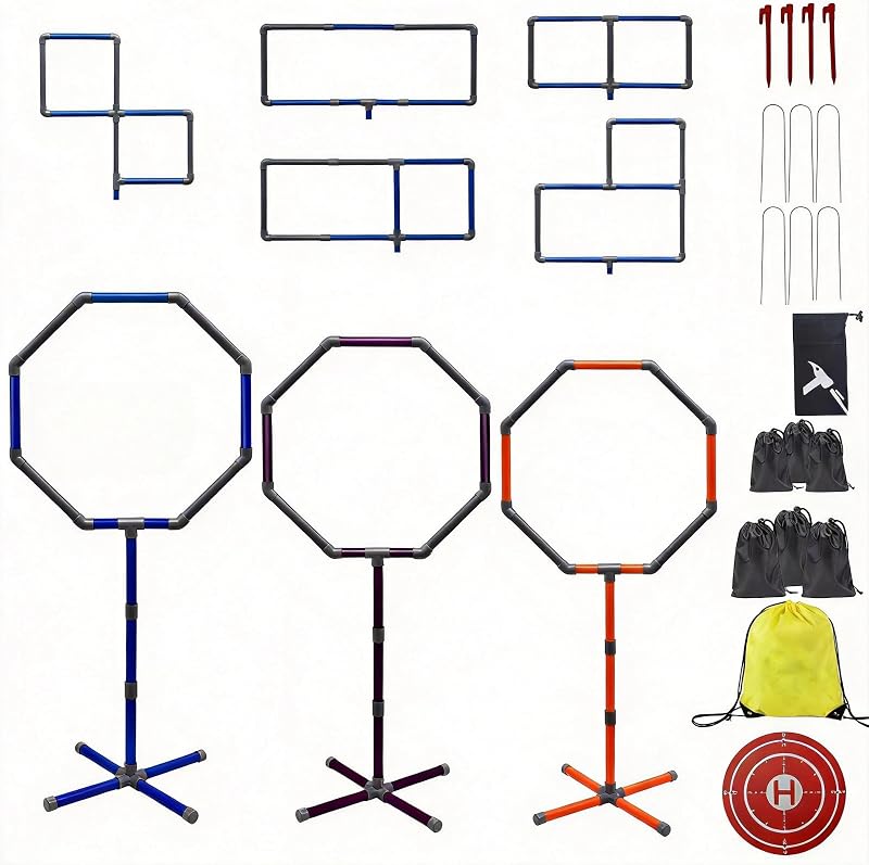 Kit de carrera de obstáculos para drones, 3 tamaños de aro (27", 23", 20"), 8 formas de puerta de bricolaje | con plataforma de aterrizaje, estacas resistentes al viento y bolsa de almacenamiento, juego de entrenamiento de carreras FPV para drones RC FPV principiantes
