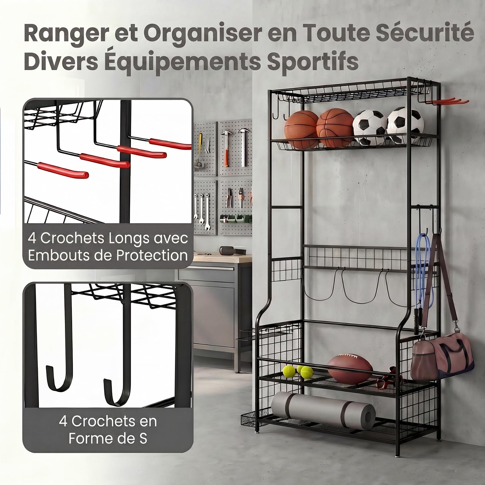GYMAX Rangement d'Équipement Sportif à roulettes Amovibles 132 x 40,5 x 194 cm, Organiseur pour Ballons, Raquettes, Clubs, Sacs de Golf, Tapis de Yoga, Chaussures, Vêtement, Casque