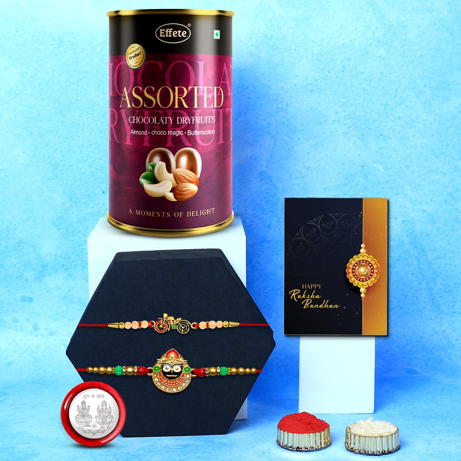 DeoDap Chocolate with Rakhi Set for Brother – Golden Color Designer Thread Rakhi 2 Pcs with Chocolate Almond (96 GM) – Silver Color Pooja Coin & Greeting Card, Traditional Raksha Bandhan Combo for Bro-image-9