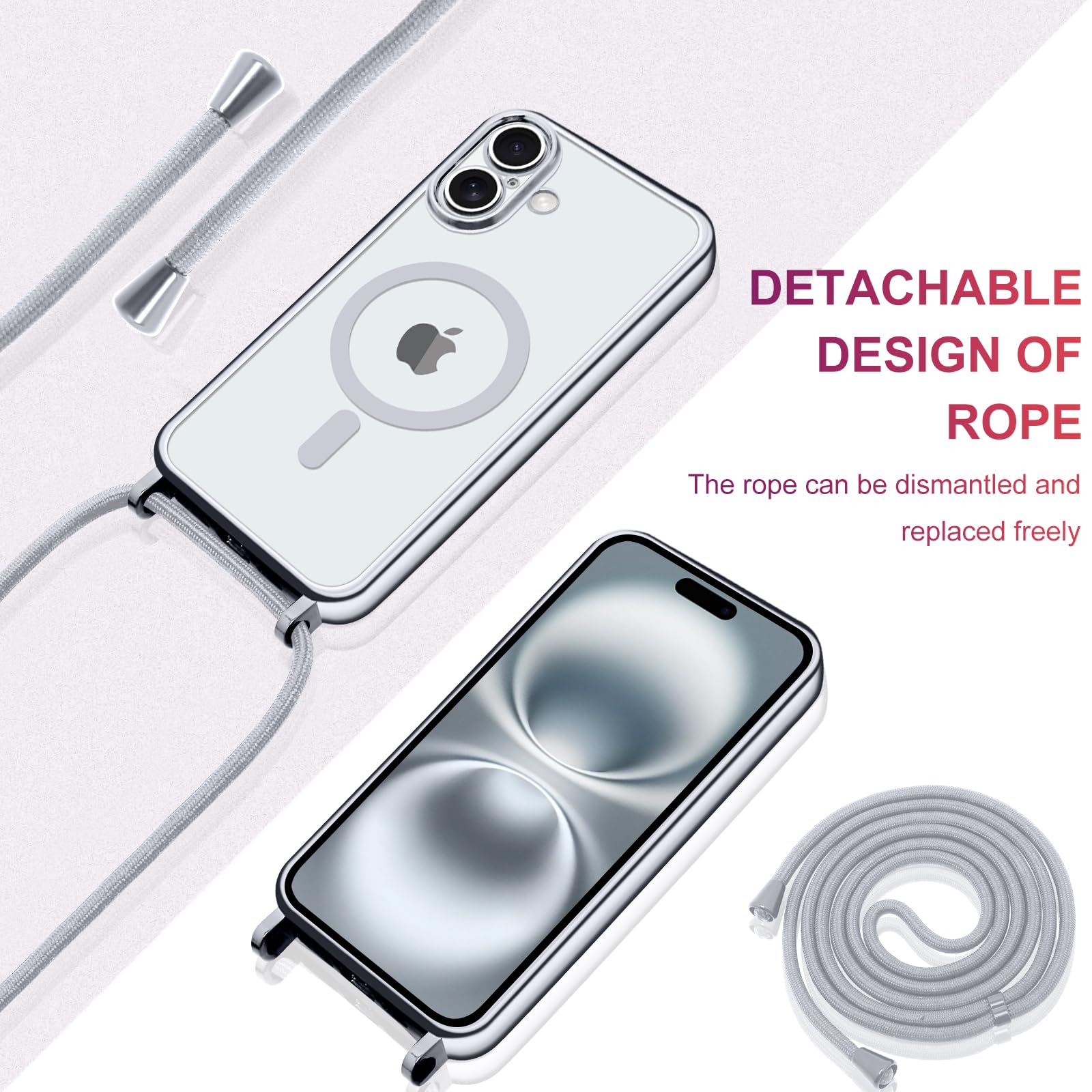 Oelrstfe Funda Magnética Transparente Con Cuerda Para IPhone 16,Carcasa Suave Silicona Case Antichoque Con Correa Colgante Ajustable Collar Correa De Cuello Cadena Cordón Para IPhone 16-Plata